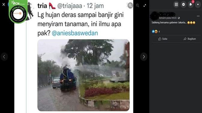 Gambar Tangkapan Layar Foto yang Diklaim Petugas Menyiram Tanaman Saat Banjir di Jakarta (sumber: Facebook).