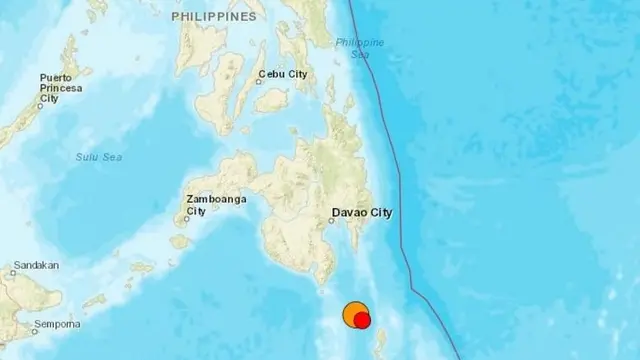 Gempa di Filipina pada kedalaman 70 km, terjadi sekitar 100 km tenggara Kota Sarangani di lepas Pulau Mindanao. (Screen grab USGS)