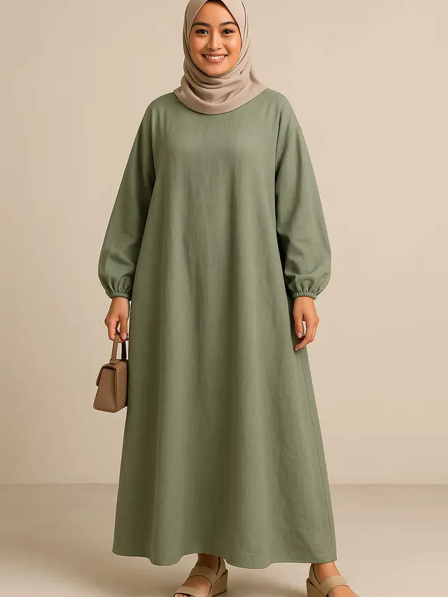 Model Gamis Syari Bahan Linen Longgar Trend 2025/Ilustrasi AI