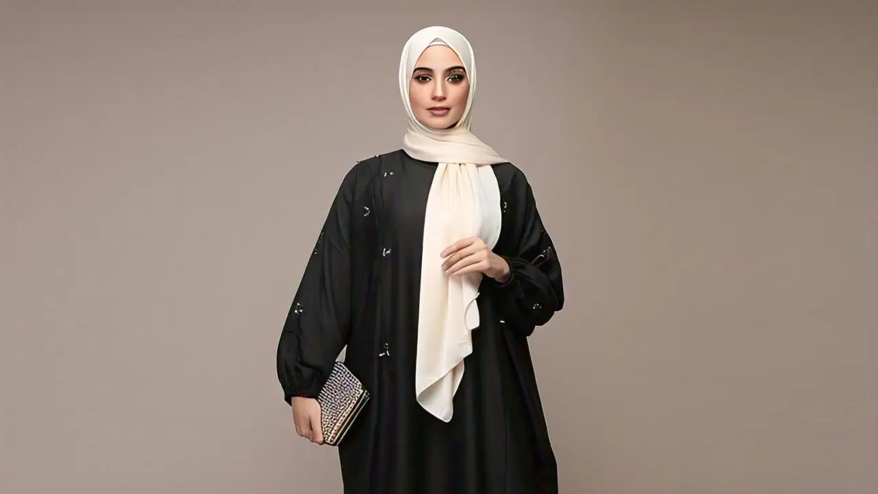Dress Hitam Abaya Style dengan Hijab Putih/Ivory