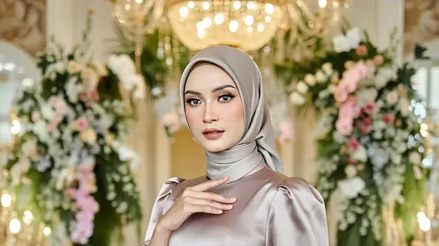 Referensi baju bridesmaid hijab dress satin dengan lengan puff/Via Meta AI