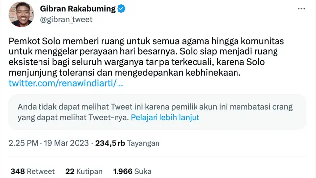 Cuitan Gibran Rakabuming soal pawai ogoh-ogoh di Solo untuk menyambut Hari Raya Nyepi. (Foto: Dok. Twitter @gibran_tweet)