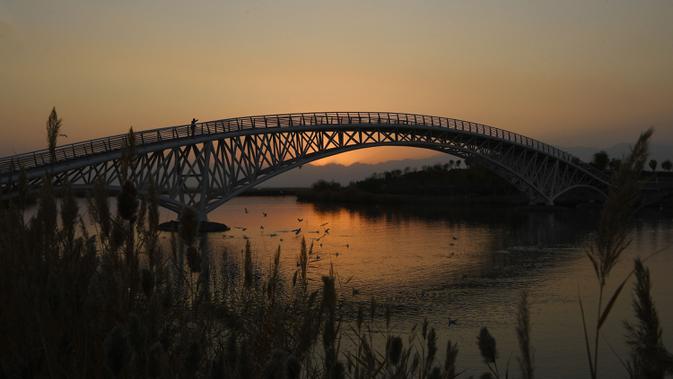 Foto yang diabadikan pada 18 Oktober 2020 ini menunjukkan pemandangan di tempat wisata Danau Shahu di Wilayah Pingluo, Shizuishan, Daerah Otonom Etnis Hui Ningxia, China barat laut. (Xinhua/Wang Peng)