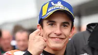 Pembalap Repsol Honda, Marc Marque, berhasil meraih podium juara MotoGP Jepang yang berlangsung di Sirkuit Twin Ring Motegi, Minggu (20/10/2019) siang WIB. (AFP/Toshifumi Kitamura)