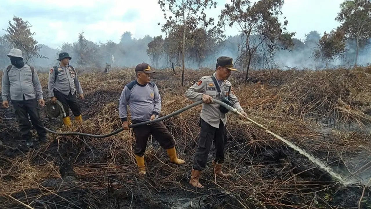 Petugas mendinginkan kebakaran di lahan gambut agar apinya benar-benar padam