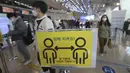 Tanda jarak sosial saat penumpang menunggu menaiki pesawat pada malam liburan Tahun Baru Imlek di terminal penerbangan domestik bandara Gimpo di Seoul, Korea Selatan, Kamis (11/2/2021). Liburan Tahun Baru Imlek tahun ini di Korea Selatan berlangsung dari Kamis hingga Minggu (AP Photo/Ahn Young-joon)