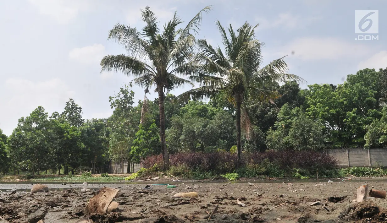 Suasana danau yang mengalami kekeringan di area Taman Cempaka, Jakarta Timur, Minggu (7/7/2019). Danau buatan yang sedianya berfungsi sebagai penampung air hujan sekaligus wisata pemancingan gratis mengalami kekeringan akibat musim kemarau sejak beberapa bulan terakhir. (merdeka.com/Iqbal S Nugroho)
