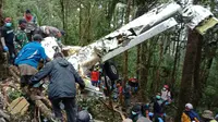 Pesawat Dimonim PK-HVQ yang sempat hilang kontak ditemukan di Kabupaten Pegunungan Bintang, Papua, Minggu (12/8). Dari sembilan penumpang, delapan ditemukan sudah meninggal dunia dan satu masih hidup. (Liputan6.com/HO/Humas Polda Papua)