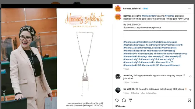Harga kalung Hermes Nikita Mirzani di ruang sidang. (Foto: Dok. Instagram @hermes.selebriti)