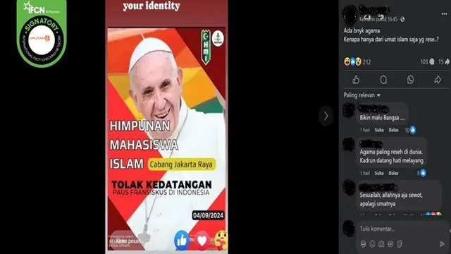 Gambar tangkapan layar poster berisi penolakan atas kedatangan Paus Fransiskus yang diklaim berasal dari HMI. (sumber: Facebook)