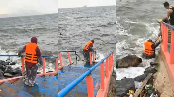 Viral Emak-emak Nekat Terjang Ombak, Cuek Saat Diingatkan