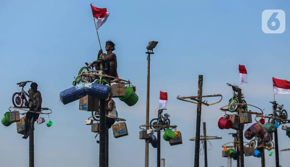 Peserta mengikuti perlombaan panjat pinang di pantai Ancol, Jakarta, Sabtu (17/8/2024). (Liputan6.com/Angga Yuniar)