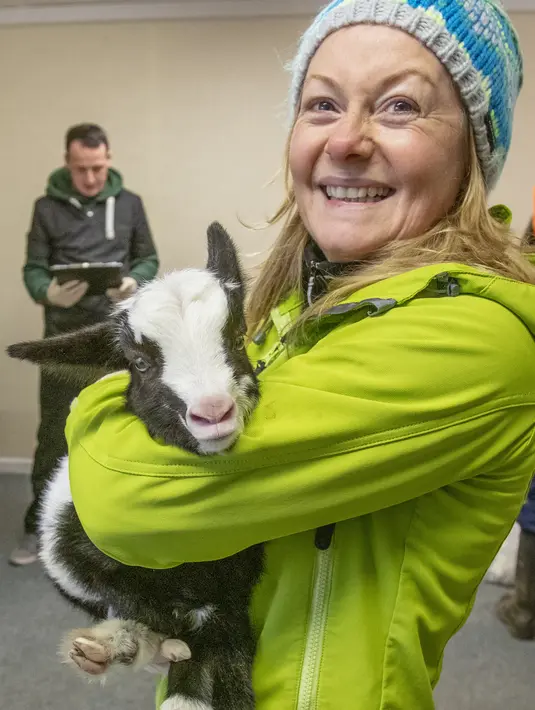 Petugas pendidikan sekolah untuk Rehabilitasi Satwa Liar Irlandia, Aoife McPartlin memegang kambing liar Irlandia berusia dua minggu yang ditemukan di lereng gunung, di belakang Tara na Ri Pub, yang ditutup karena lockdown Covid-19 di County Meath di Dublin pada 18 Februari 2021. (PAUL FAITH/AFP)
