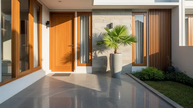 Model Teras dengan Batu Alam dan Palem Kipas untuk Rumah Type 36/AI Generated