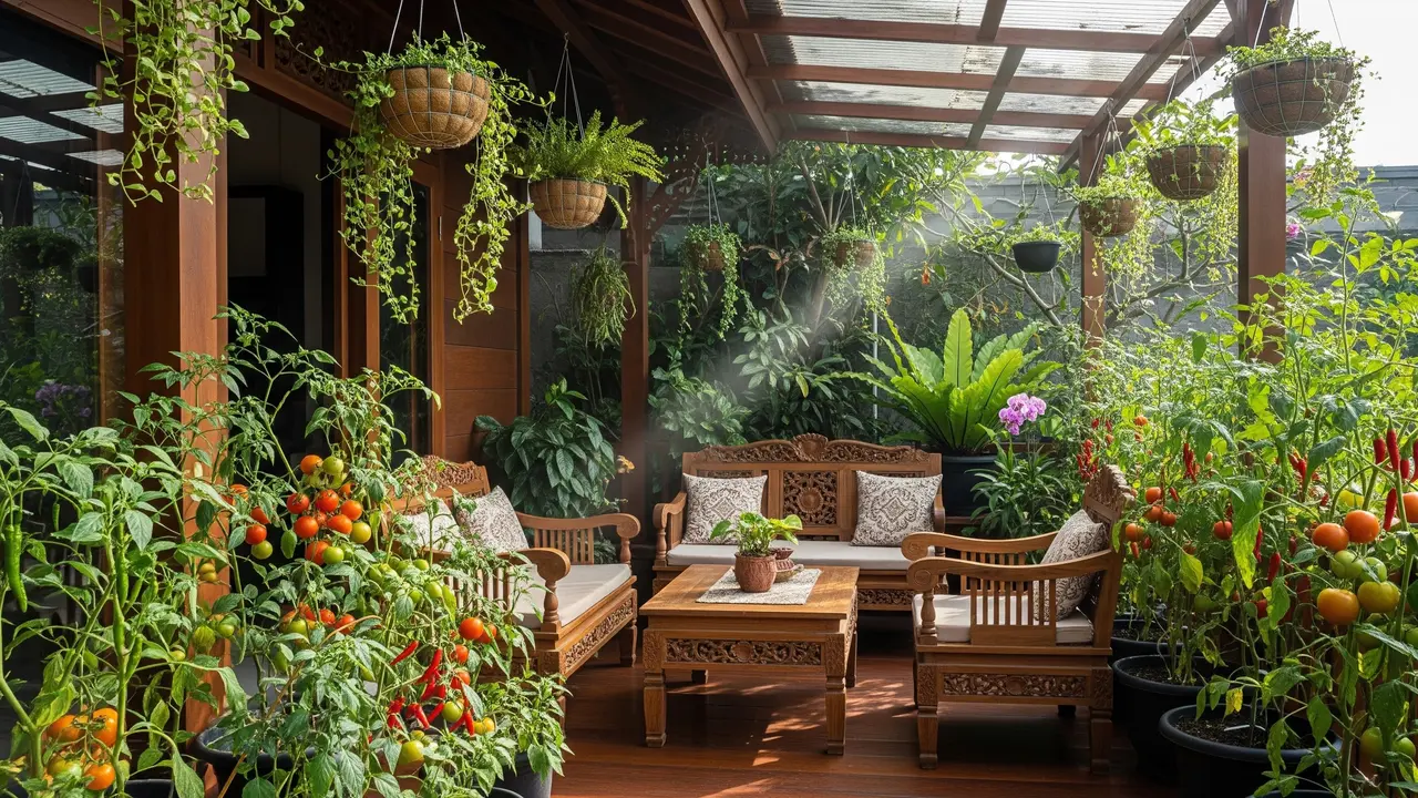 Desain Teras Cozy dengan Kebun Cabai dan Tomat Buat Dapur Langsung Petik (AI Generated)