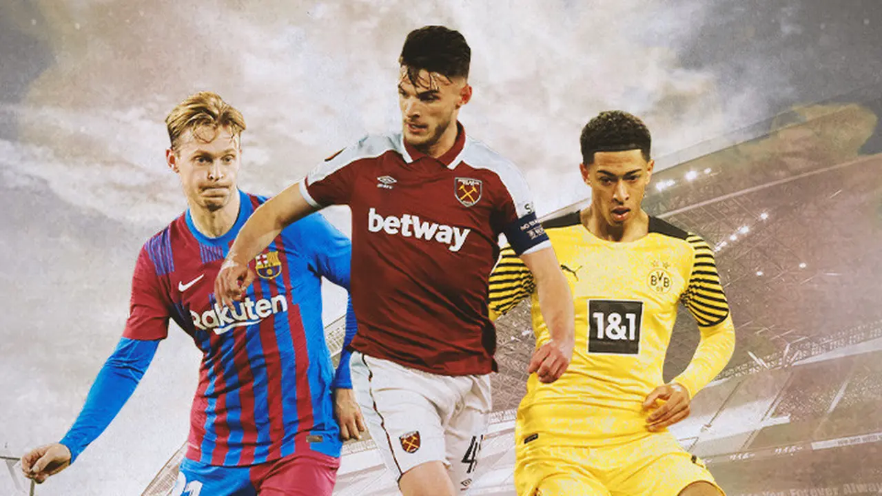 Ilustrasi - Frenkie de Jong, Declan Rice, Jude Bellingham