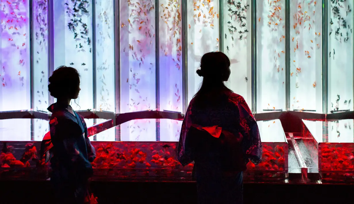 Dua wanita mengenakan kimono melihat ikan mas saat pratinjau pers dari pameran EDO Nihonbashi Art Aquarium 2018 di Tokyo, Jepang (5/7). Pameran tahunan di Tokyo ini akan dibuka untuk umum mulai 6 Juli hingga 24 September 2018. (AFP Photo/Martin Bureau)