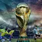 Ilustrasi persaingan Brasil dan Argentina berebut trofi juara di panggung Piala Dunia 2018. (Bola.net)