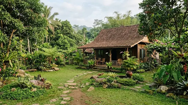 Rumah Kampung dengan Taman Bergaya Natural