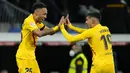 Bintang Timnas Gabon itu membuka skor sekaligus menutupnya dalam kemenangan fantastis Los Blaugrana empat gol tanpa balas. (AP/Manu Fernandez)