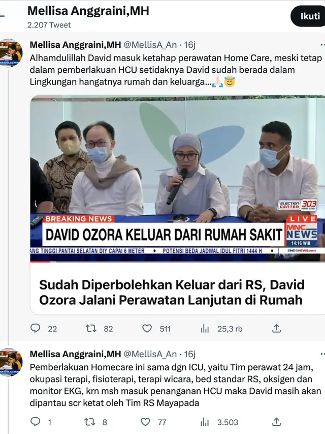 Cuitan Mellisa Anggraini soal kondisi David Ozora. (Foto: Dok. Twitter @MellisA_An)