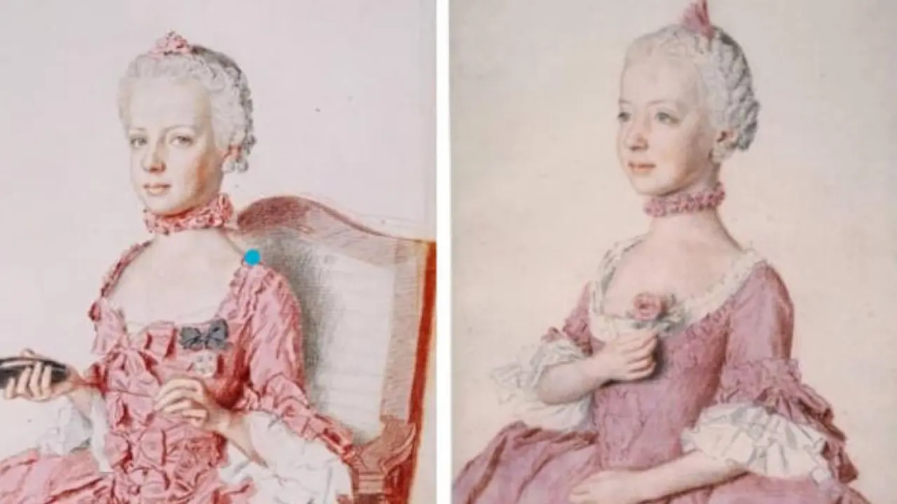 Sebelah kiri adalah potret yang selama ini dikira menggambarkan Marie Antoinette dan kini diyakini kakak perempuannya, Maria Carolina. Sedangkan di sebelah kanan yang sekarang dianggap oleh Prof. Seth menggambarkan Marie Antoinette, yang memegang setangka