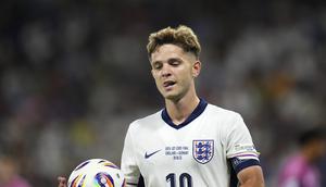James McAtee dari Inggris dalam pertandingan final&nbsp;Euro U-21&nbsp;2025 antara Inggris dan Jerman di Stadion Nasional di Bratislava, Slovakia, Sabtu, 28 Juni 2025. (AP Photo/Petr David Josek)