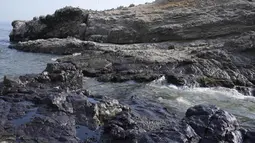 Tumpahan minyak menutupi pantai di pantai Cavero di Ventanilla, Callao, Peru, Senin (17/1/2022). Tumpahan minyak terjadi saat gelombang tsunami yang dipicu letusan gunung api bawah laut di Tonga menghantam kapal yang tengah bongkar muatan minyak ke kilang La Pampilla. (AP Photo/Martin Mejia)