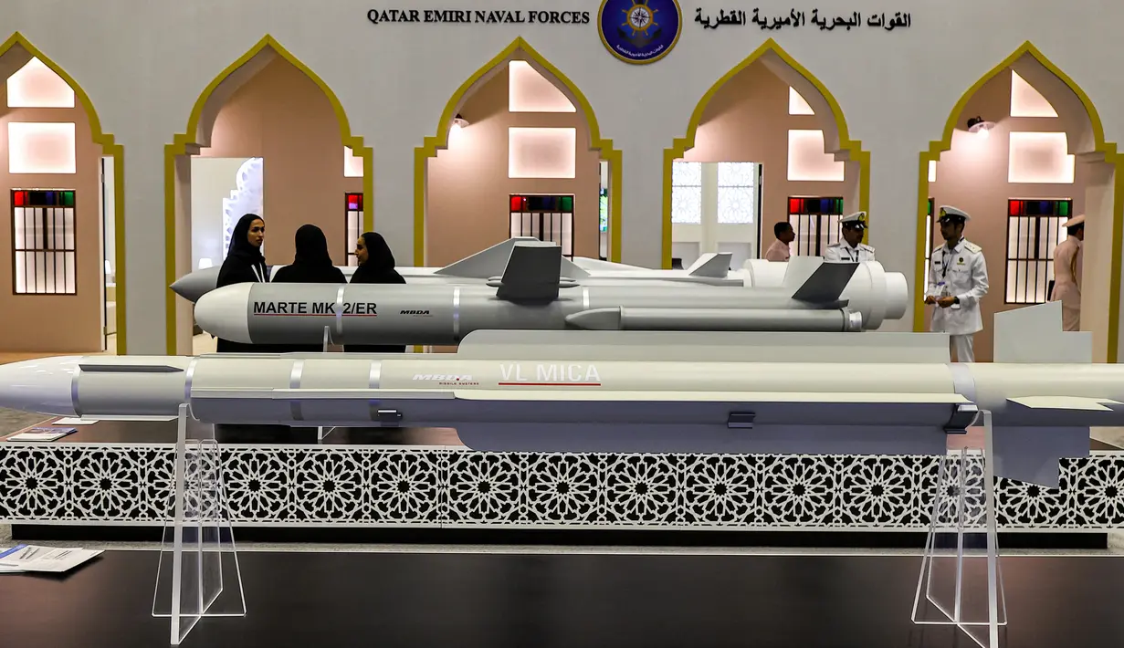 Rudal antikapal Sea Killer - Marte MK 2/ER Italia dipamerkan pada Pameran Pertahanan Maritim Internasional Doha atau Doha International Maritime Defense Exhibition (DIMDEX) di Doha, Qatar, 21 Maret 2022. (KARIM JAAFAR/AFP)