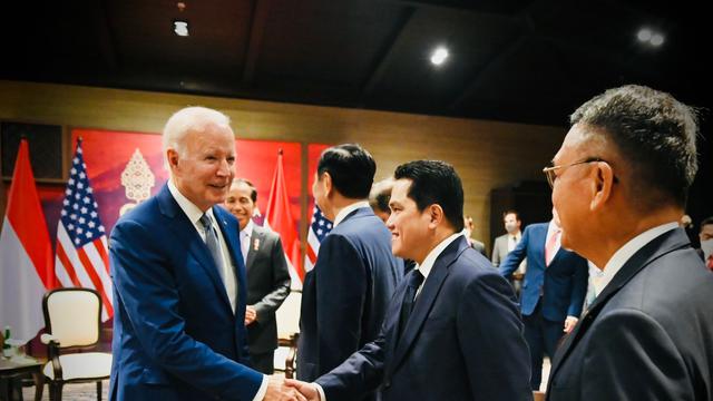 Menteri Badan Usaha Milik Negara (BUMN) Erick Thohir turut mendampingi Presiden Joko Widodo (Jokowi) yang menggelar pertemuan bilateral dengan Presiden Amerika Serikat (AS) Joe Biden