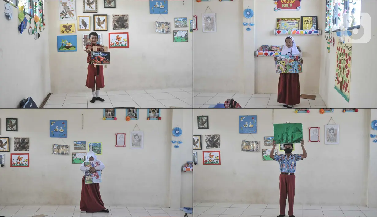 Foto kombo murid kelas IV berpose dengan meja lipat miliknya di Sekolah Dasar Negeri (SDN) Mekarsari 05, Tambun Selatan, Kabupaten Bekasi, Jawa Barat, Kamis (28/7/2022). Hal tersebut membuat sebagian murid terpaksa membawa meja lipat ke sekolah demi kenyamanan dalam menimba ilmu pendidikan. (merdeka.com/Iqbal S. Nugroho)