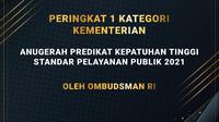 Kementerian Luar Negeri Raih Anugerah Tertinggi Kepatuhan Standar Pelayanan Publik Tahun 2021 dari Ombudsman Republik Indonesia. (Dok Kemlu)