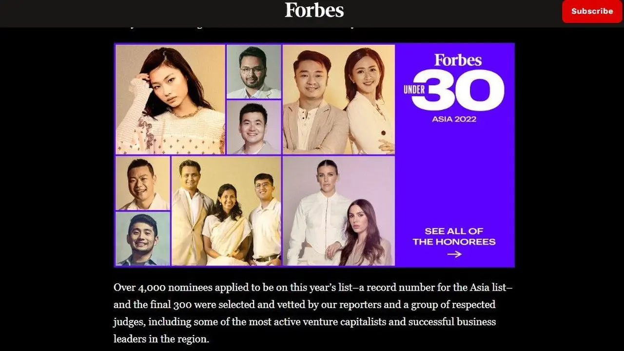 Tangkapan layar Forbes 30 Under 30 Asia.