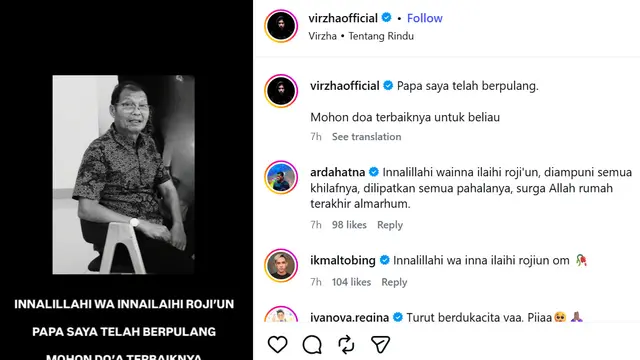 Unggahan Virzha tentang sang ayah yang meninggal dunia. (Instagram/ virzhaofficial)