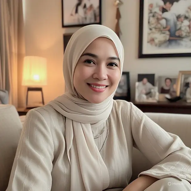Padu padan gamis dan hijab cocok untuk wanita usia 40-an agar tampil cantik elegan dan anggun. (Foto: Meta AI)