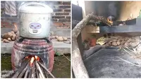 Potret Nyeleneh Orang Masak Pakai Kayu Bakar. (Sumber: Instagram/ngumpulreceh dan Facebook/Kementrian Humor Indonesia)