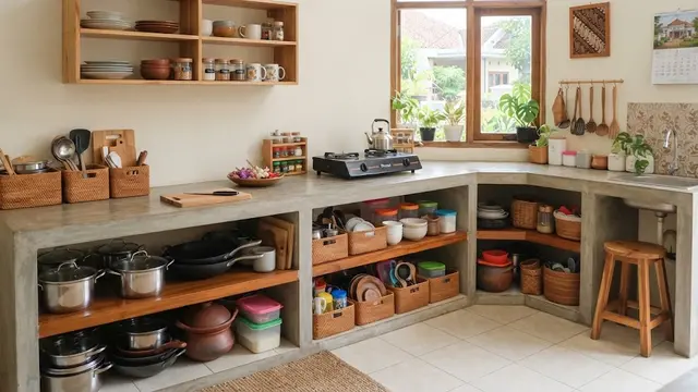 Desain dapur yang tidak terasa pengap dan cocok sebagai ide penataan yang bikin ruangan terasa lebih lega model letakkan barang sesuai kebiasaan memasak