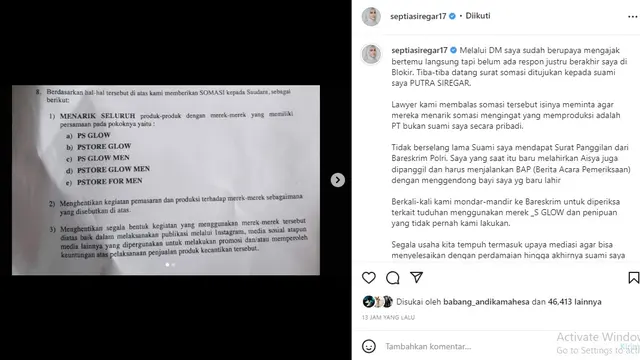 Septia Siregar, istri Putra Siregar (Foto: Instagram/@septiasiregar17)
