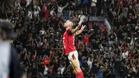 Striker Bali United, Ilija Spasojevic, melakukan selebrasi seusai mencetak gol ke gawang Persija Jakarta dalam lanjutan BRI Liga 1 2023/2024 di Stadion Kapten I Wayan Dipta, Sabtu (30/3/2024) malam WIB. (Bola.com/Alit Binawan)