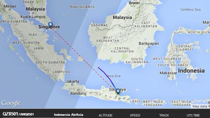 Radar Pergerakan AirAsia Surabaya-Singapura yang Hilang 