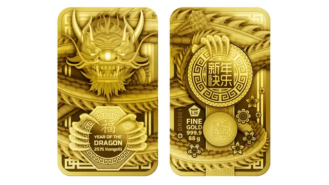Produk emas batangan tematik Imlek Year of The Dragon tiga dimensi (3D) dibuat menggunakan teknologi modern. Emas batangan ini bergambar Naga sesuai dengan shio tahun 2024. (Dok .logammulia.com)