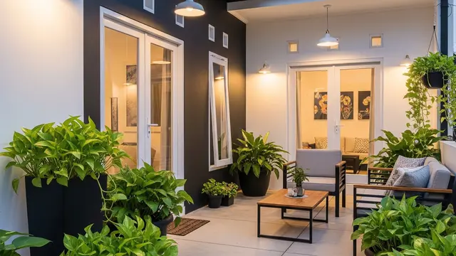 9 Inspirasi Teras Monokrom dengan Tanaman Sirih Gading dan Pot Hitam