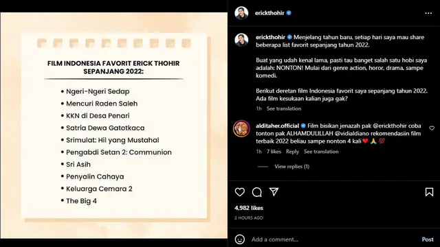 Erick Thohir mengunggah foto berisi beberapa judul-judul film favoritnya di sepanjang tahun 2022 (https://www.instagram.com/p/CmlBSdRrUnl/)