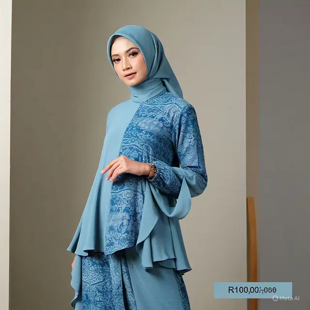 Gamis Batik Kombinasi Polos dengan Aksen Ruffle