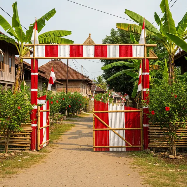 Gerbang Bambu Bernuansa Merah Putih (AI Generated)