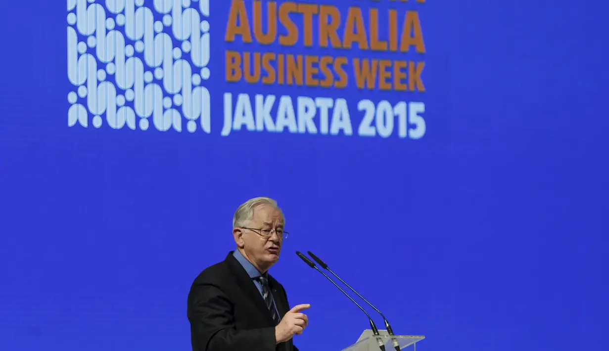 Menteri Perdagangan Australia Andrew Robb melakukan pidato pada acara Indonesia Australia Businees Week di Jakarta, (18/11/2015). Australia dan Indonesia akan lakukan kerjasama perdagangan. (REUTERS/Beawiharta)
