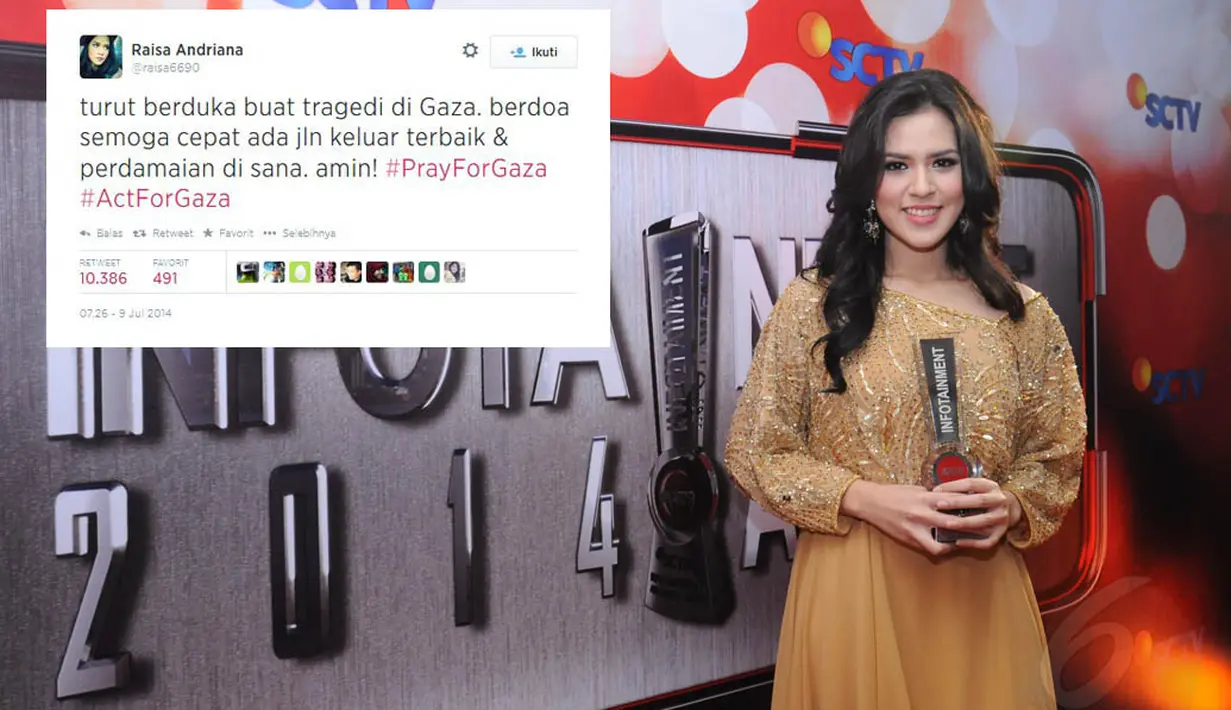 Melalui akun twitternya @raisa6690, penyanyi cantik Raisa ikut berdoa untuk keselamatan warga Palestina. (Liputan6.com/Rini Suhartini)