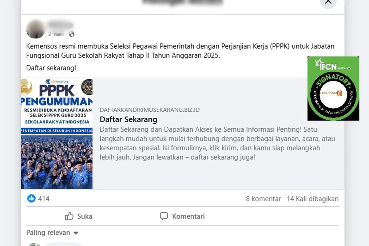 Tangkapan layar klaim link pendaftaran seleksi Guru Sekolah Rakyat Tahap II Tahun 2025 di Facebook.