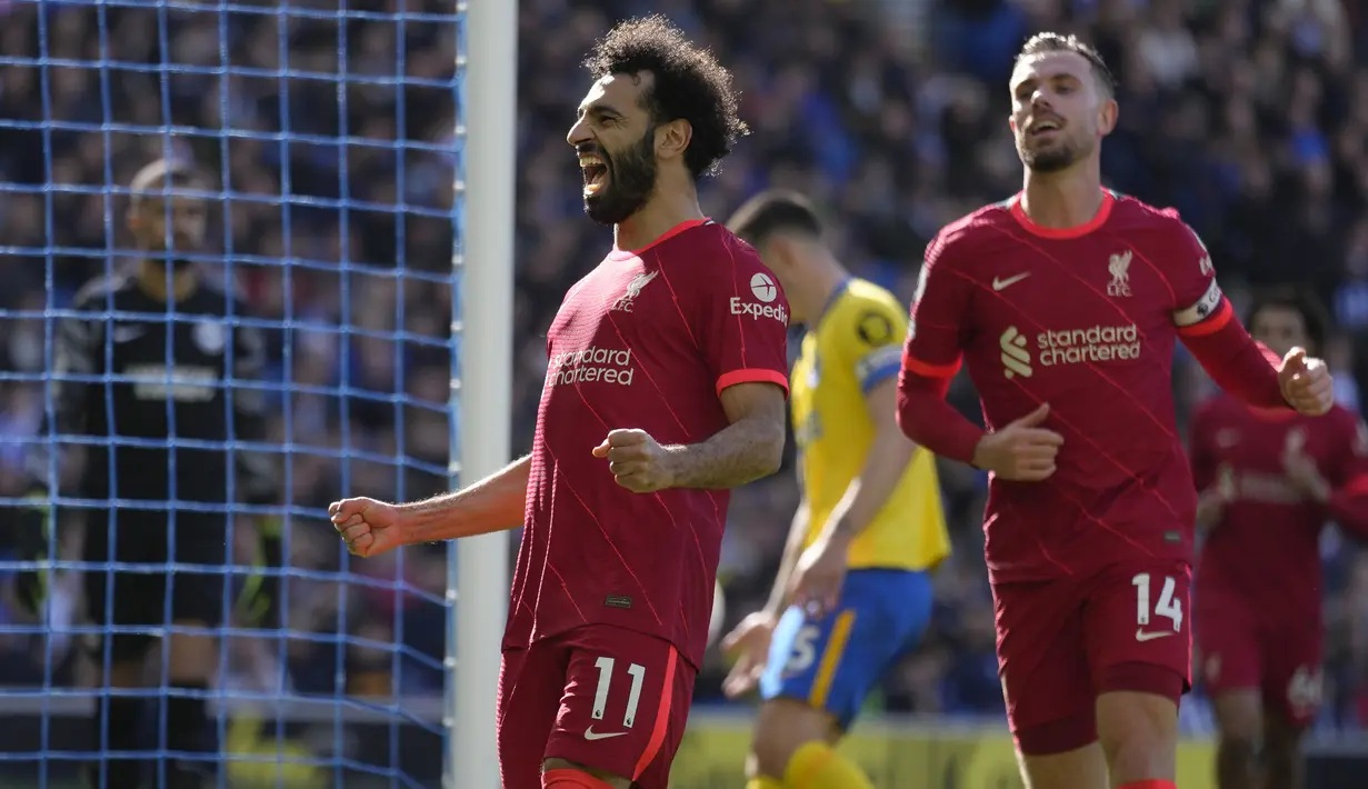Dengan gol tersebut Mohamed Salah juga masih memimpin daftar pemain aktif pencetak gol terbanyak bagi Liverpool di semua ajang kompetisi. Dari total 238 laga, ia mampu mengoleksi 153 gol dan 57 assist. (AP/Kirsty Wigglesworth)