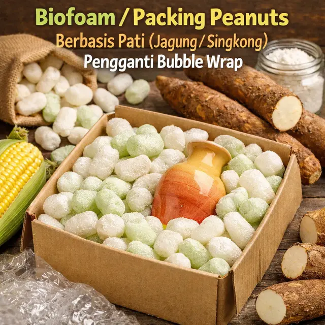 Biofoam / Packing Peanuts Berbasis Pati (Jagung/Singkong) (ChatGPT)
